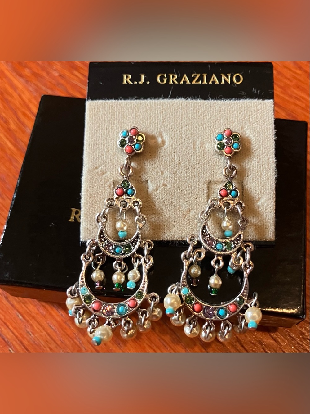NEW R.J. Graziano Turquoise Coral Green Purple Pearl Chandelier Earrings Vintage